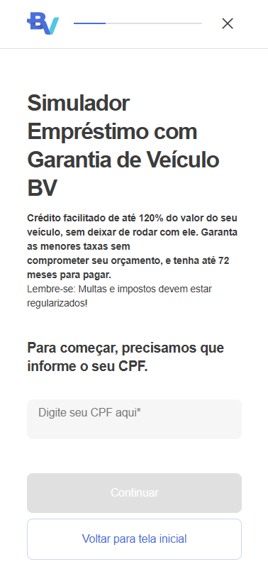Tela de simulação de empréstimo com garantia de veiculo Banco BV Financeira