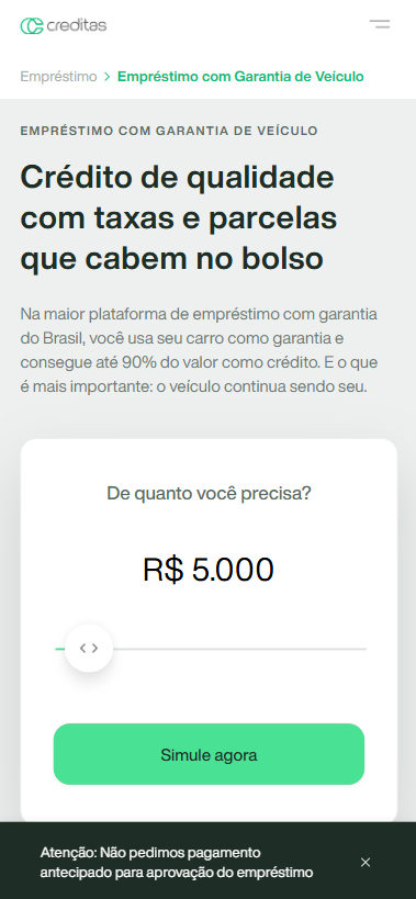Tela de simulação de empréstimo com garantia de veiculo Creditas