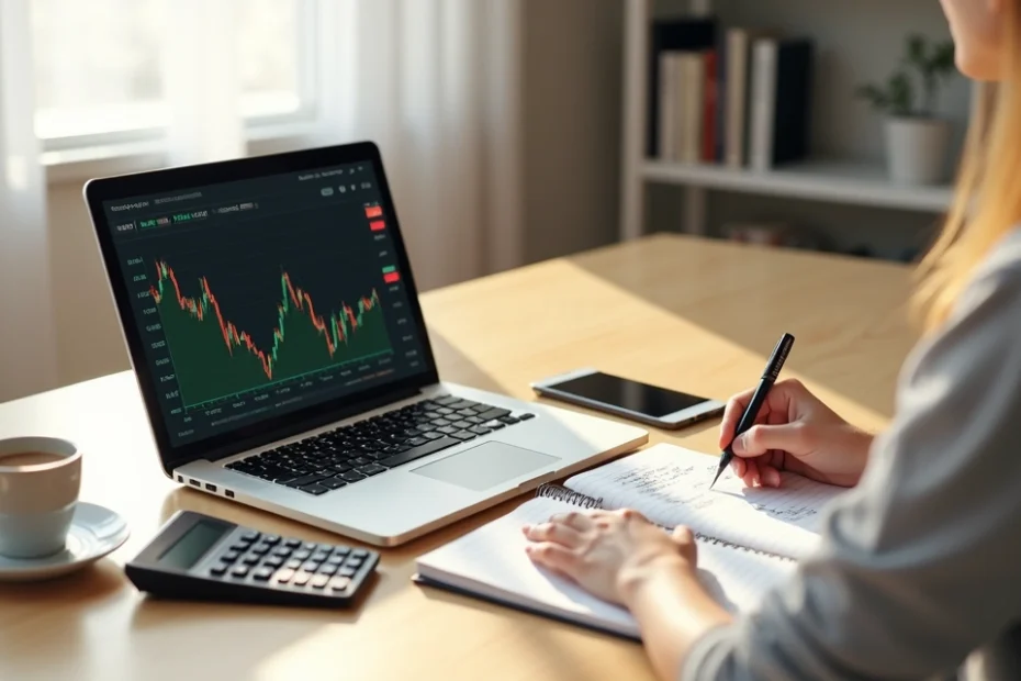 7 Estratégias Para Evitar Dívidas em Tempos de Alta de Juros 1 Pessoa analisando finanças domésticas com caderno, calculadora e laptop sobre mesa de madeira clara