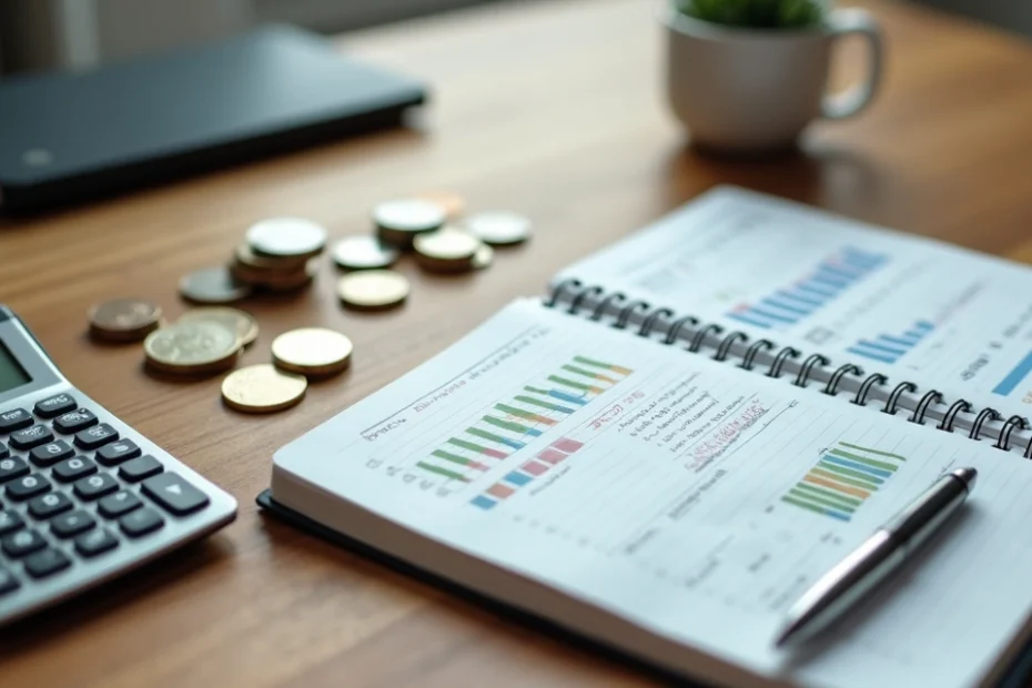 O Que Fazer Com a Reserva de Emergência em 2025? 1 Mesa com caderno aberto, calculadora, caneta e moedas representando planejamento financeiro para reserva de emergência