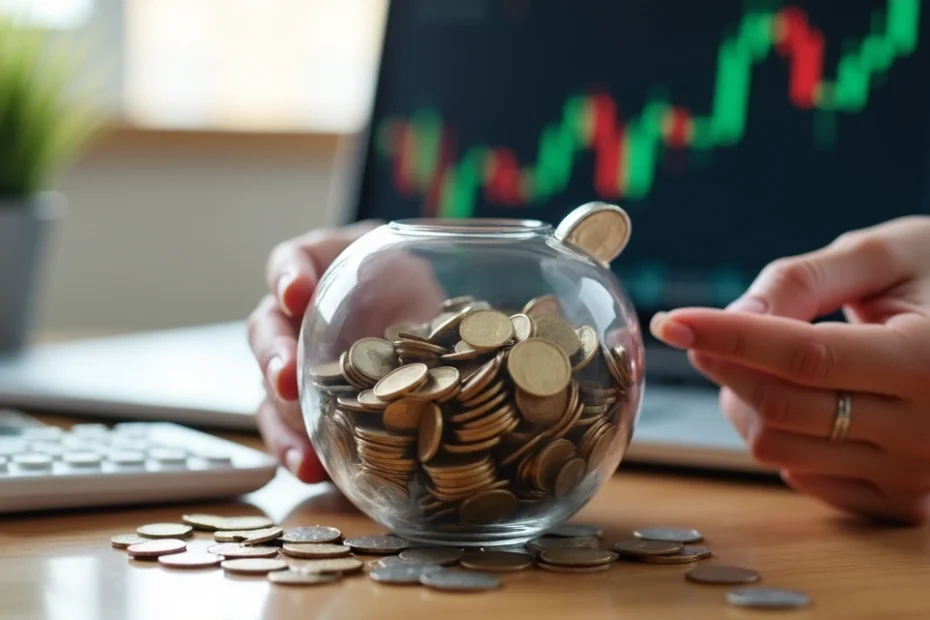 Mãos segurando um cofrinho transparente com moedas dentro, tela de laptop ao fundo mostrando gráficos financeiros e uma calculadora ao lado