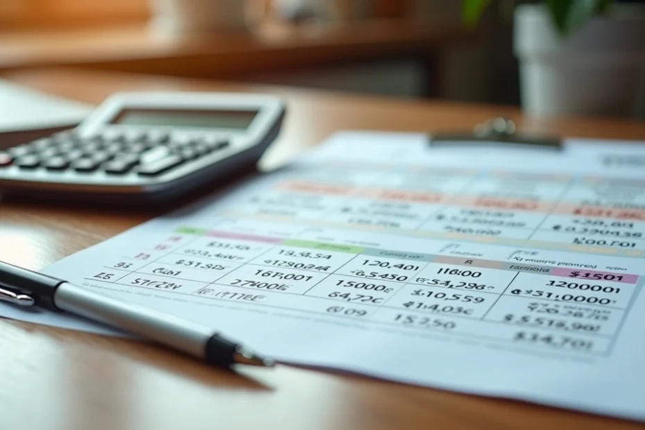 Cálculo de horas extras e adicional noturno com calculadora, folhas de ponto e planilha de salário sobre mesa de madeira