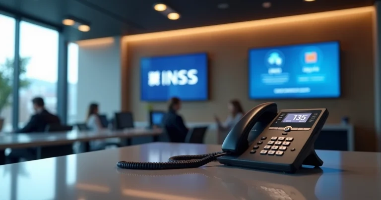 MeuCapital 12 Central de atendimento do INSS com telefone 135 destacado em um ambiente moderno de escritório