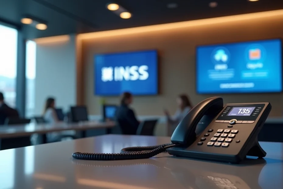 Central de atendimento do INSS com telefone 135 destacado em um ambiente moderno de escritório