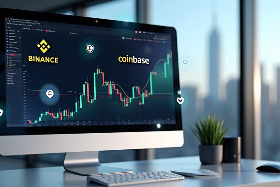 Tela de computador mostrando gráficos financeiros e logos de corretoras de criptomoedas em ambiente moderno e iluminado