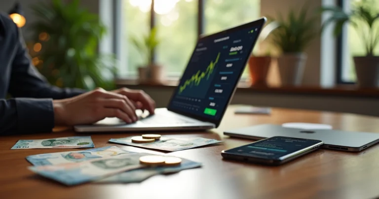 MeuCapital 10 Pessoa trabalhando com laptop em ambiente bem iluminado, com cédulas de dinheiro ao lado e smartphone aberto com apps financeiros