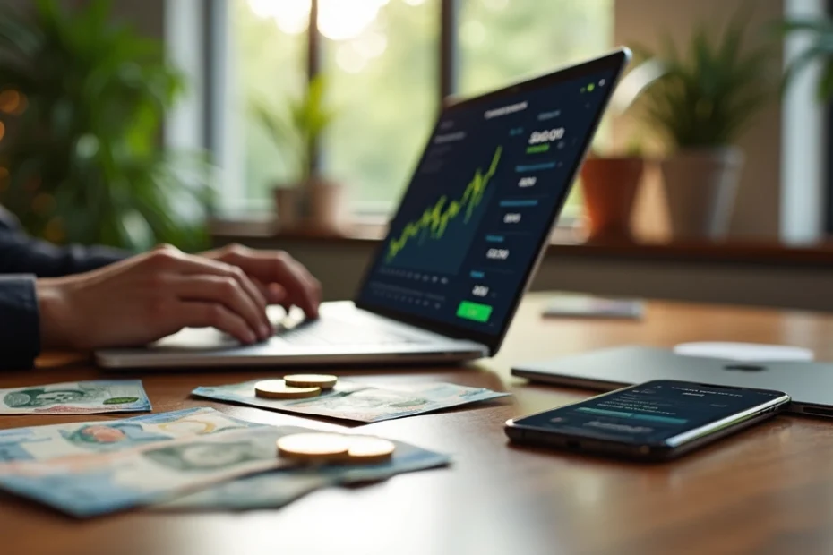 Pessoa trabalhando com laptop em ambiente bem iluminado, com cédulas de dinheiro ao lado e smartphone aberto com apps financeiros