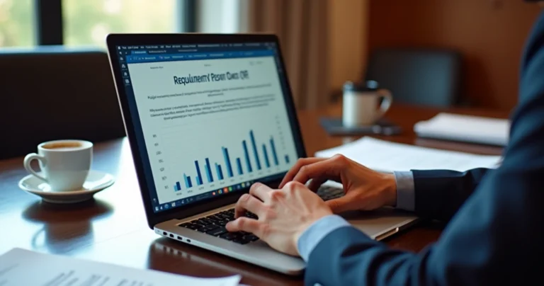 MeuCapital 9 Mãos de empresário consultando Certificado de Regularidade do FGTS em laptop moderno com gráficos financeiros na tela