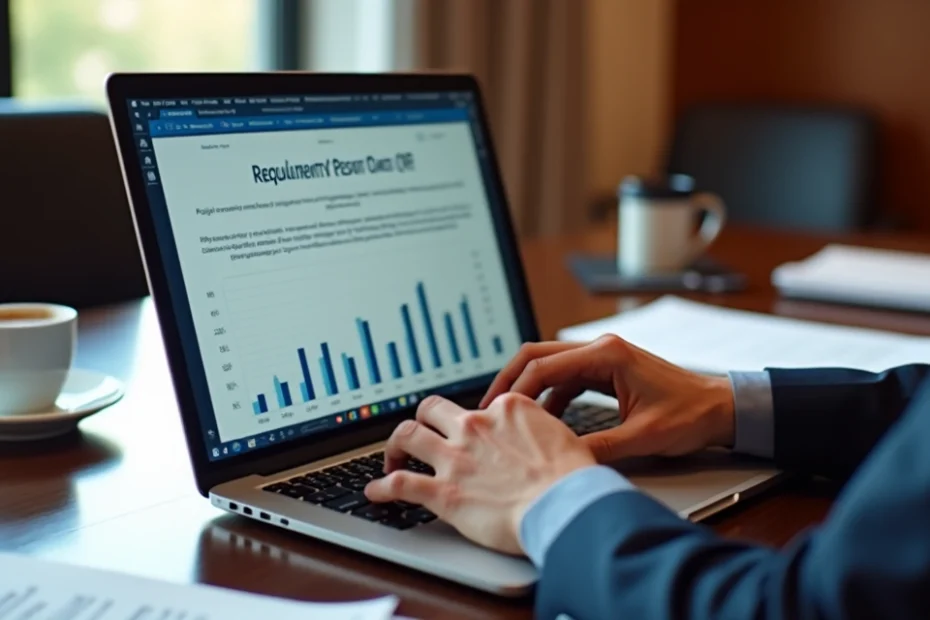 Mãos de empresário consultando Certificado de Regularidade do FGTS em laptop moderno com gráficos financeiros na tela