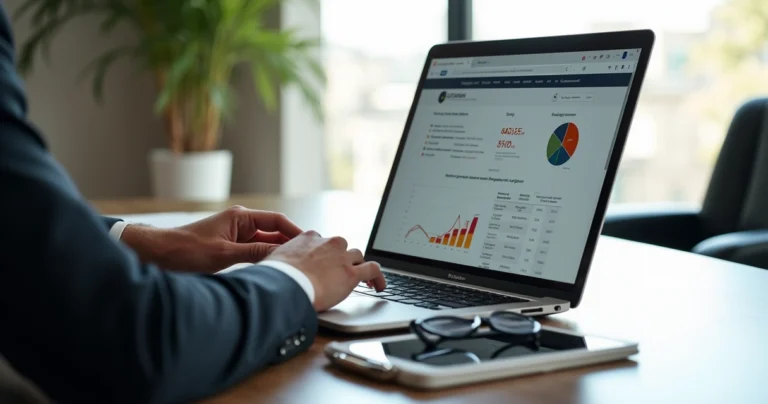 MeuCapital 7 Pessoa consultando opções de empréstimo para negativado em laptop moderno com gráficos financeiros na tela
