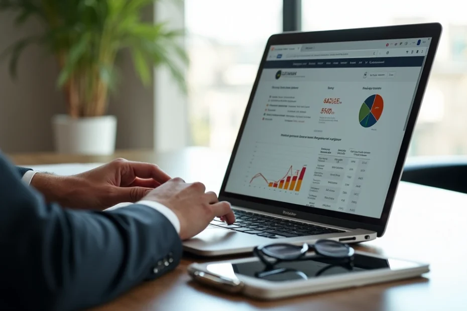 Pessoa consultando opções de empréstimo para negativado em laptop moderno com gráficos financeiros na tela