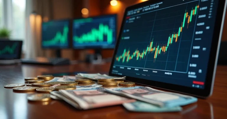 MeuCapital 5 Gráfico moderno mostrando inflação com moedas e cédulas ao redor, ambiente de luxo e alta resolução