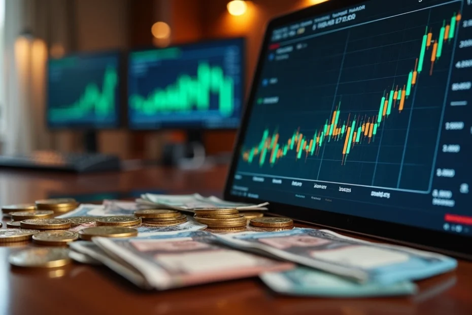 Gráfico moderno mostrando inflação com moedas e cédulas ao redor, ambiente de luxo e alta resolução