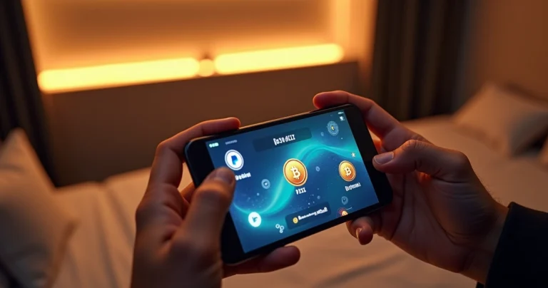 MeuCapital 8 Mãos segurando smartphone mostrando jogos digitais com ícones de Pix, PayPal e criptomoedas na tela em ambiente moderno e sofisticado