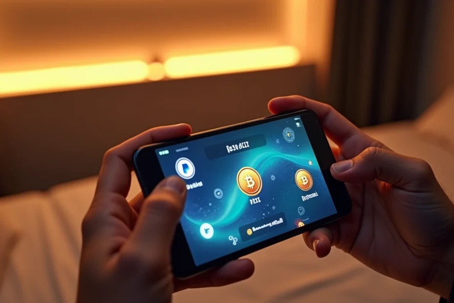 Mãos segurando smartphone mostrando jogos digitais com ícones de Pix, PayPal e criptomoedas na tela em ambiente moderno e sofisticado