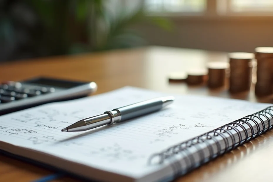 Mesa de madeira com calculadora, caderno aberto, caneta e moedas organizadas em pilhas ordenadas