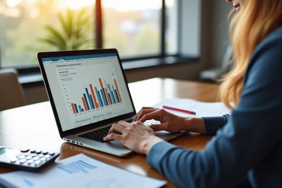 Pessoa consultando portabilidade de salário em laptop com gráficos financeiros na tela