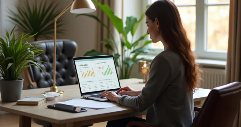 MeuCapital 6 Pessoa usando laptop para simular empréstimo online em ambiente moderno e luxuoso