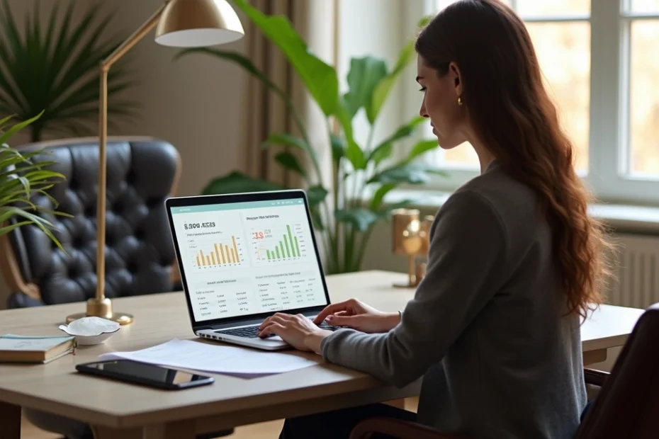 Pessoa usando laptop para simular empréstimo online em ambiente moderno e luxuoso