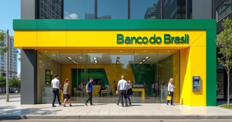 Prédio moderno de agência Banco do Brasil com clientes na entrada, fachada amarela e verde, guichês visíveis e caixa eletrônico externo