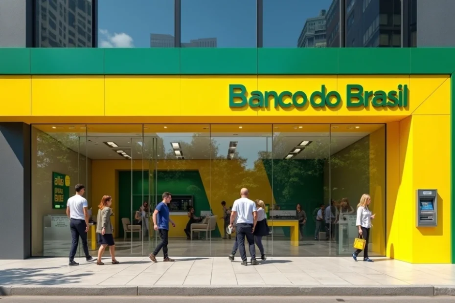 Prédio moderno de agência Banco do Brasil com clientes na entrada, fachada amarela e verde, guichês visíveis e caixa eletrônico externo