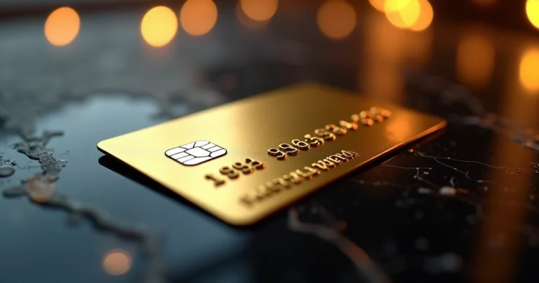 Cartão de crédito dourado sobre superfície escura com reflexos de luz em ambiente sofisticado e moderno