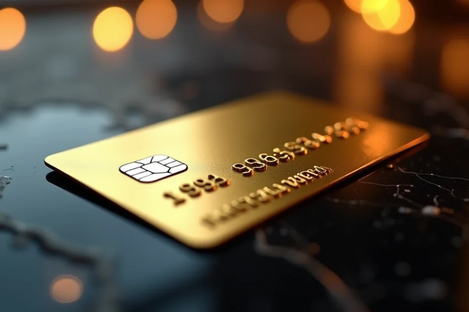 Cartão de crédito dourado sobre superfície escura com reflexos de luz em ambiente sofisticado e moderno