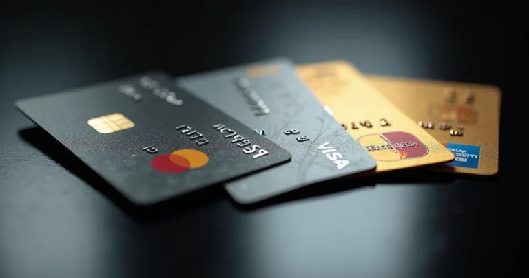 Diversos cartões de crédito exibindo as bandeiras Visa, MasterCard, Elo e American Express sobre fundo escuro elegante