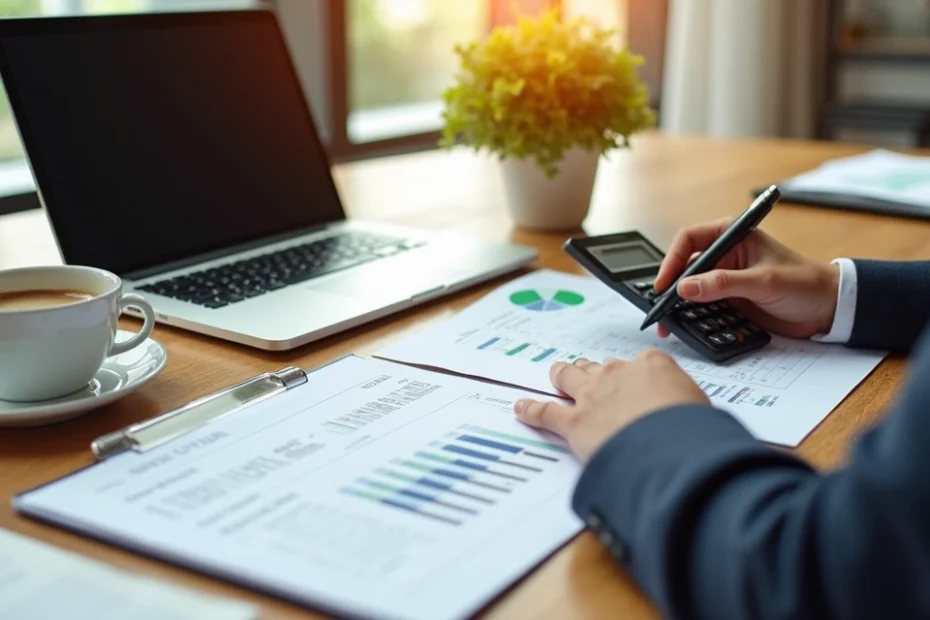Pessoa analisando documentos financeiros com calculadora e laptop em mesa bem iluminada