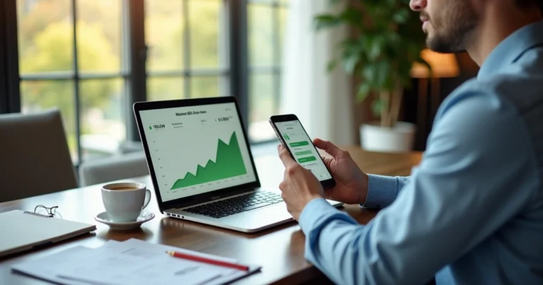 Pessoa conferindo um gráfico financeiro no laptop enquanto revisa contas para pagar no celular, ambiente moderno e luxuoso