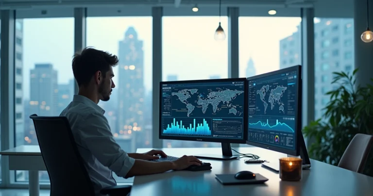 Profissional trabalhando com computação e tecnologia em escritório moderno e iluminado