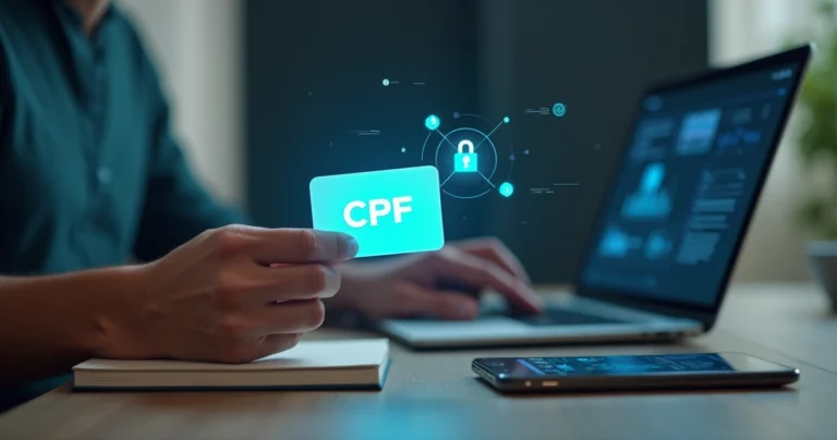 Pessoa segurando cartão com CPF protegido por escudo digital
