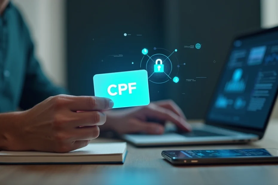 Pessoa segurando cartão com CPF protegido por escudo digital