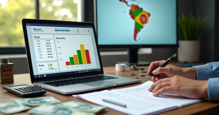 Pessoa analisando tabela de alíquotas de impostos no Brasil em notebook com gráficos coloridos