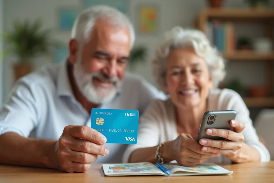 Aposentado segurando cartão benefício INSS ao lado de pensionista usando aplicativo no celular