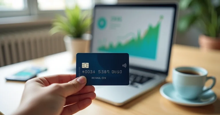 Pessoa segurando cartão de crédito com limite alto em destaque sobre mesa com notebook e dinheiro