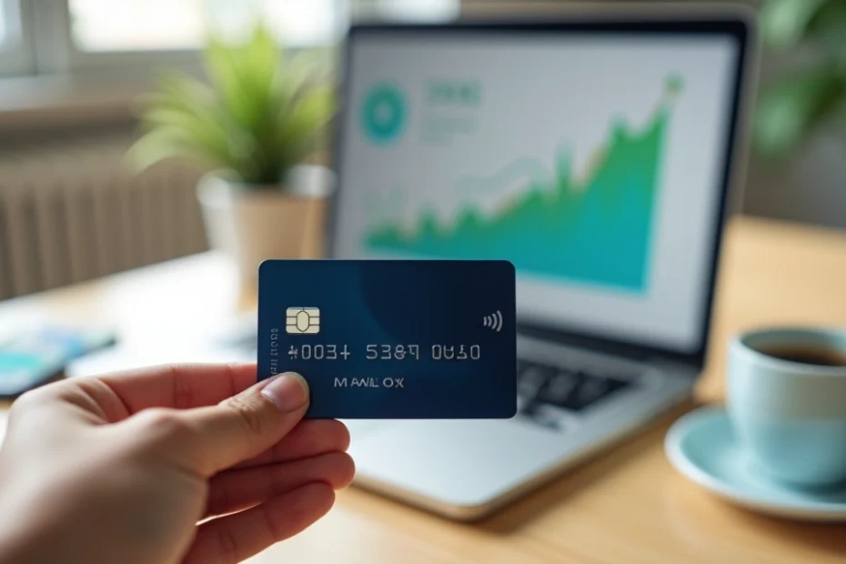 Pessoa segurando cartão de crédito com limite alto em destaque sobre mesa com notebook e dinheiro