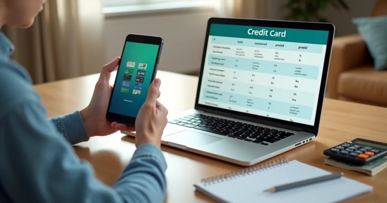 Pessoa analisando opções de cartão de crédito em smartphone com finanças organizadas na mesa