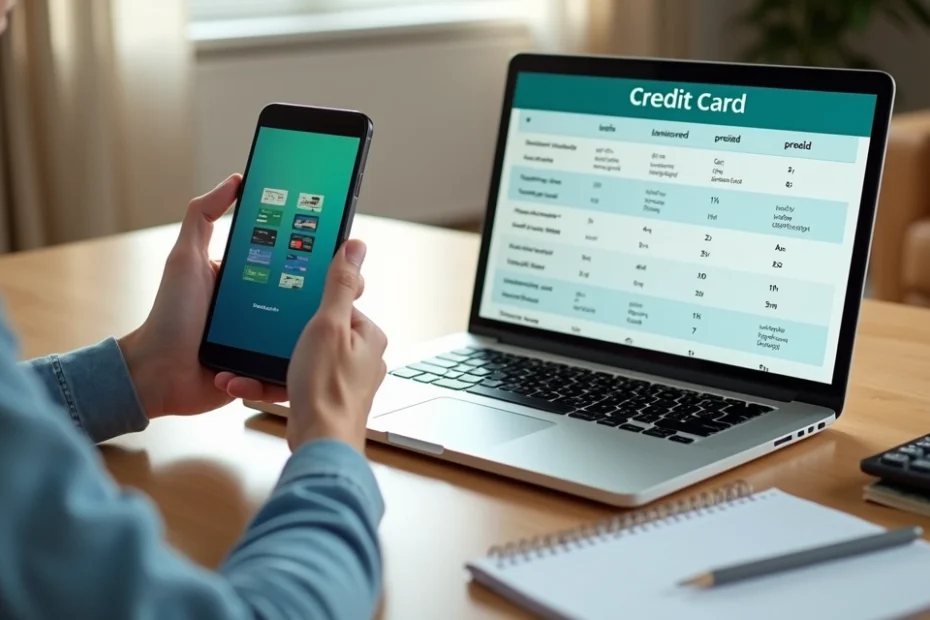 Pessoa analisando opções de cartão de crédito em smartphone com finanças organizadas na mesa