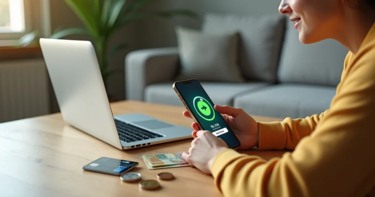 Pessoa usando cartão de crédito e celular com símbolo de cashback e dinheiro voltando