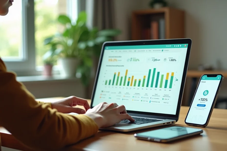 Pessoa comparando no notebook o rendimento de bancos digitais em gráficos coloridos