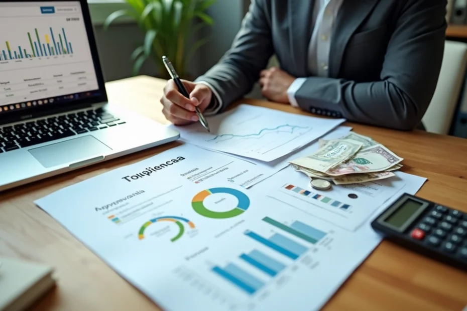 Empresário analisando duplicatas e fluxo de caixa na mesa do escritório