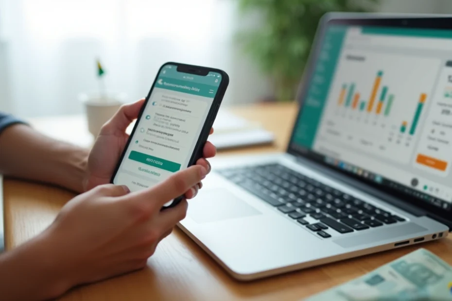 Pessoa usando celular para contratar empréstimo FGTS online com gráficos financeiros ao fundo