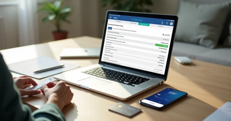 Pessoa analisando fatura de cartão de crédito com destaque para parcela estornada na tela do notebook