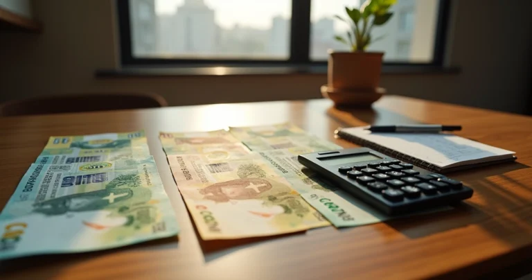 Mesa com cédulas, bilhetes de jogo do bicho e calculadora representando risco financeiro