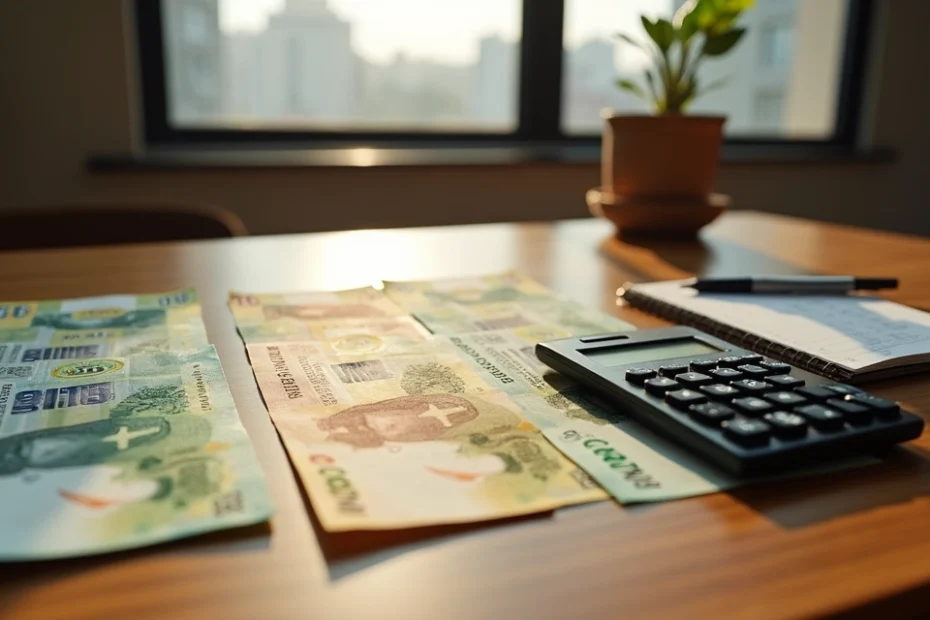 Mesa com cédulas, bilhetes de jogo do bicho e calculadora representando risco financeiro