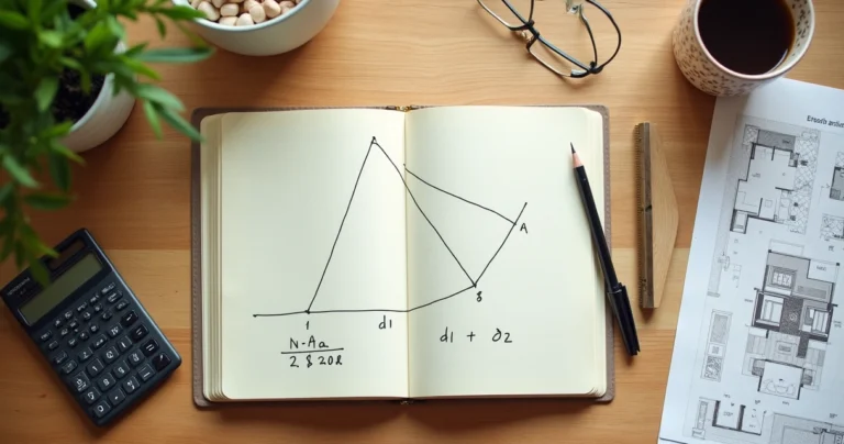 Losango desenhado em caderno com pisos em losango e calculadora sobre a mesa