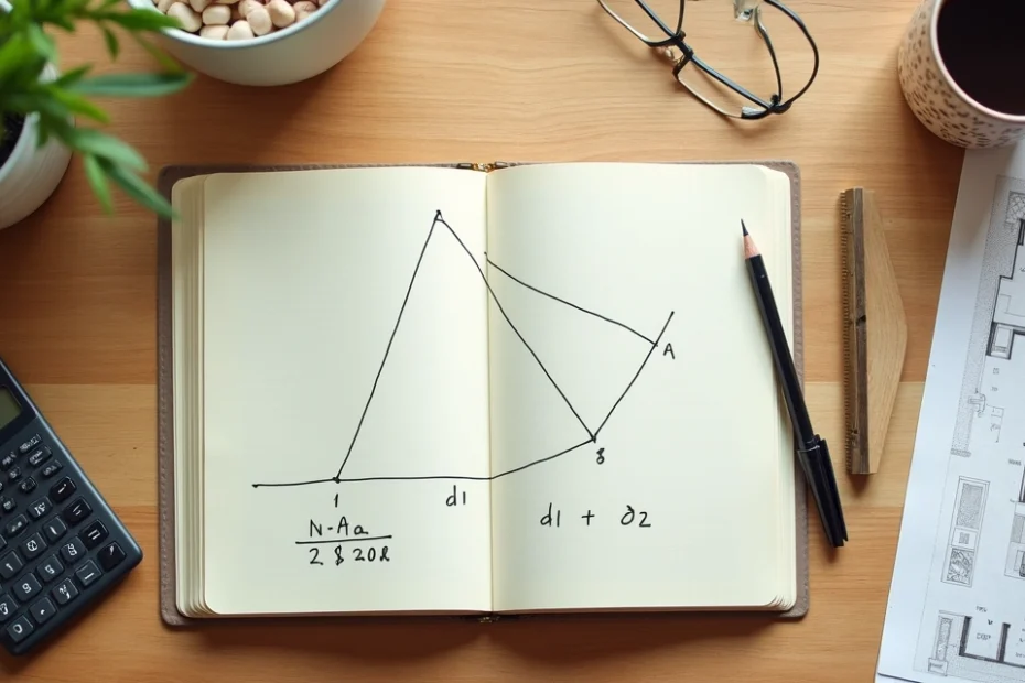 Losango desenhado em caderno com pisos em losango e calculadora sobre a mesa