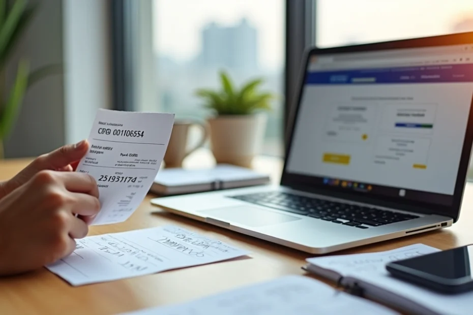 Pessoa segurando nota fiscal com CPF destacado ao lado de notebook mostrando créditos da Nota Fiscal Paulista