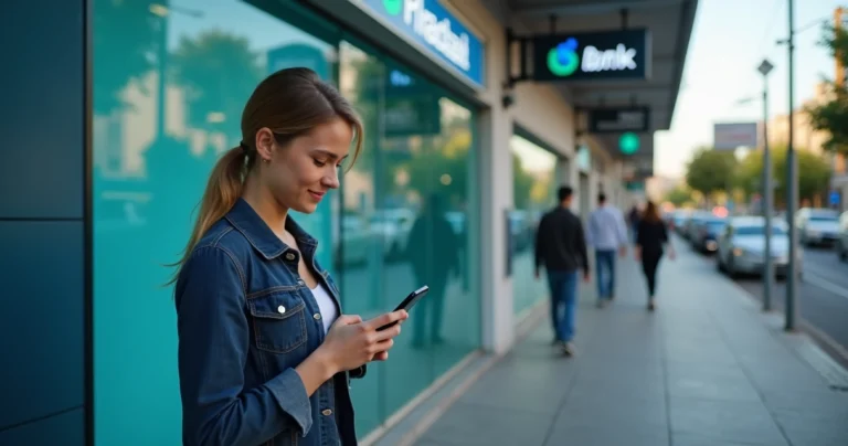 Pessoa olhando horário de funcionamento do banco no smartphone em frente a agência bancária